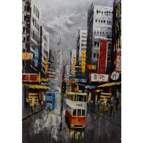 Hand Painted Canvas Knife Oil Painting Abstract HongKong Trams Street Canvas Painting Wall Art Picture Painting for Living ROOM