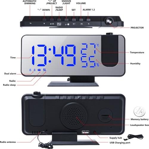 LED Digital Projection Alarm Clock Multifunctional Radio Mirror Temperature And Humidity Bedroom Bedside Electronic Clock