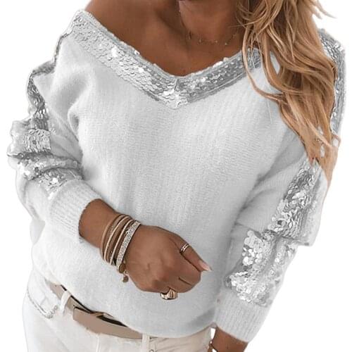 Sweater women Autumn Winter Women Sexy V Neck Long Sleeve Sweater Sequins One Shoulder Women Sweaters Tops Women Pullover 2021