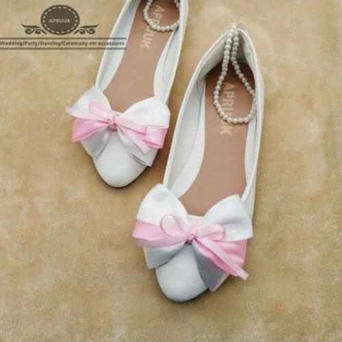 White pink satin bow utterfly-knot wedding shoes bride flat heel ladies female girls ceremony party ankle beading straps shoes