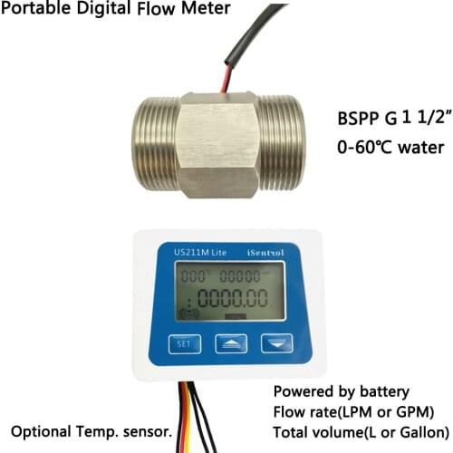 US211M Lite Portable Digital Flowmeter and Turbine Water Flow Sense SS BSPP G1 1/2" USS-HS121TA Sensor Zhongjian iSentrol