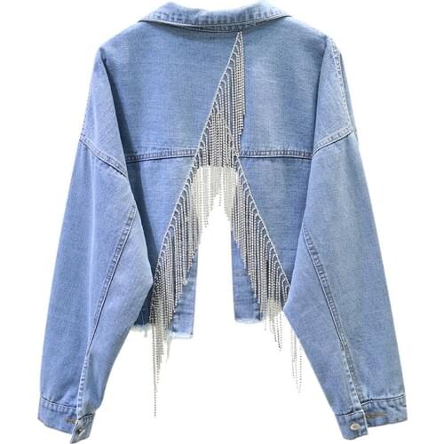 2020 Spring Autumn New jeans Coats Women Korean Loose Denim Coat Fashion Inlaid Rhinestone Tassel Back Split Denim Jacket Female