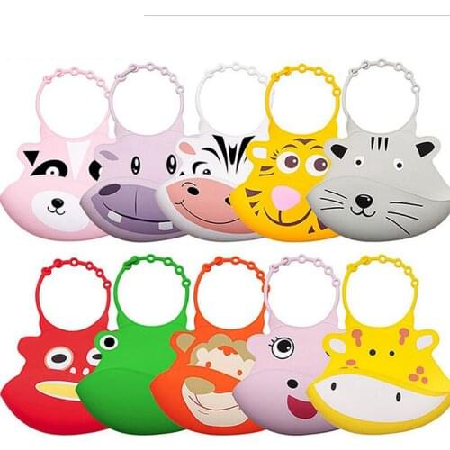 Waterproof Silicone Baby Toddler Feeding Bibs Cute Animals Soft with Wide Food Crumb Catcher Pocket Easy Clean Drying Rattle