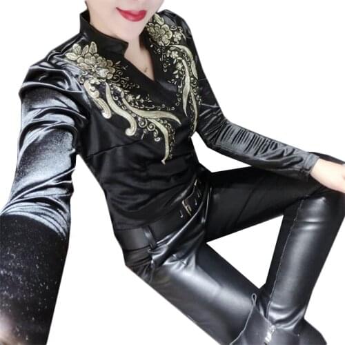 NEW 4 Spring Long Sleeve V Neck Embroidery Satin Shirts Women European Style Black Satin Blouses Women Vintage Black Satin Tops