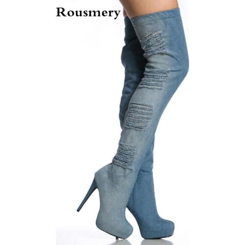 Brand Fashion Women Blue Summer Jeans Boots Platform Thigh High Denim Boots High Heel Over The Knee Boots stiletto Heel Size 46