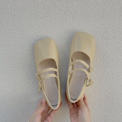 Vintage Square Toe Low-heel Double Buckle Mary Jane Shoes Solid Color Leather Shoes Women