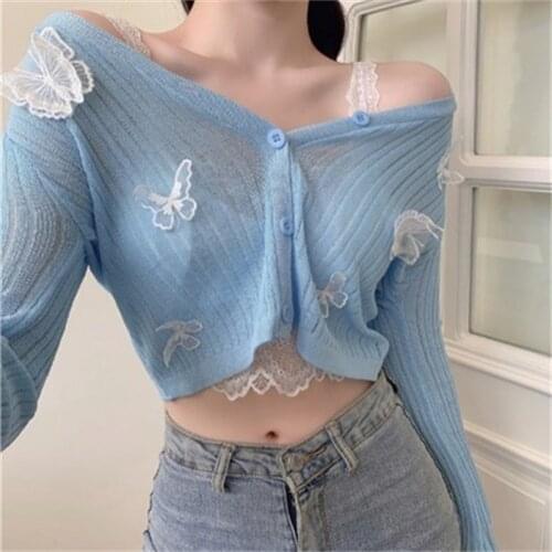 2021 Butterfly Knit Cardigans Women Korean Sexy V-Neck Fitness Crop Tops Ladies Summer Thin Long Sleeved Sunscreen Jackets H314