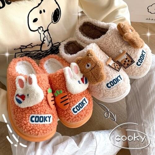 Women Men Winter Warm Slippers Cute 3d Rabbit Bear Furry Thick Soled Shoes Home Indoor Lovers Boys Girls Non-slip Fur Slides