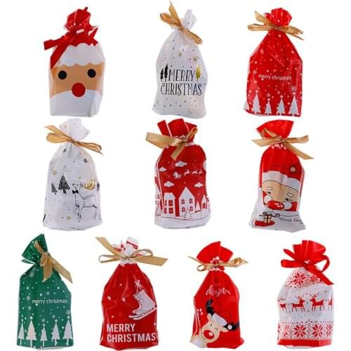 10pcs/pack Plastic Candy Bags Christmas Elk Candy Sweet Treat Bags Xmas Biscuit Gift
