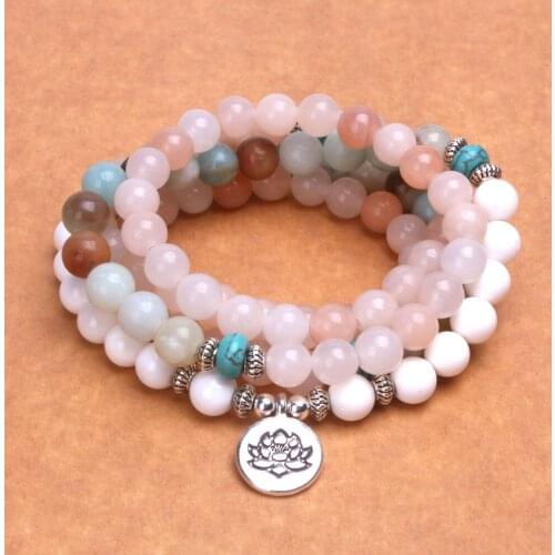 108mala Yoga Wrap Bracelet Mixed 8MM Natural Stone With Lotus OM Buddha Charm Bracelet & Necklace For Women Gift