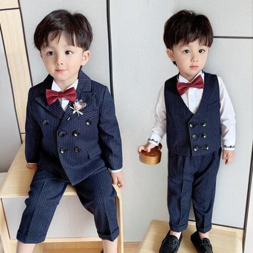 Baby Boys Formal Striped Handsome Birthday Dress Suit Set Children Double Breasted Blazer Vest Pants 3pcs Clothing Set