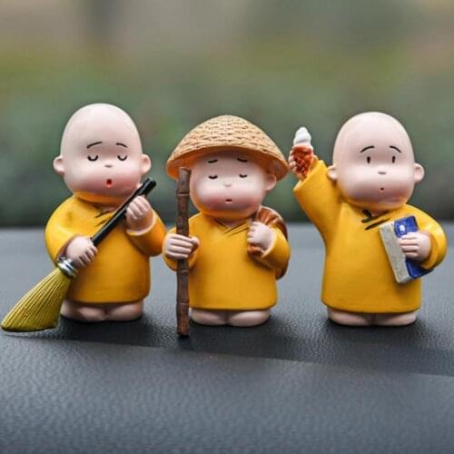 3Pcs/Set Lovely Non-fading Resin Buddha Monk Figurine Dolls Little Monk Miniature Statue Ornament Car Interior Desk Decoration