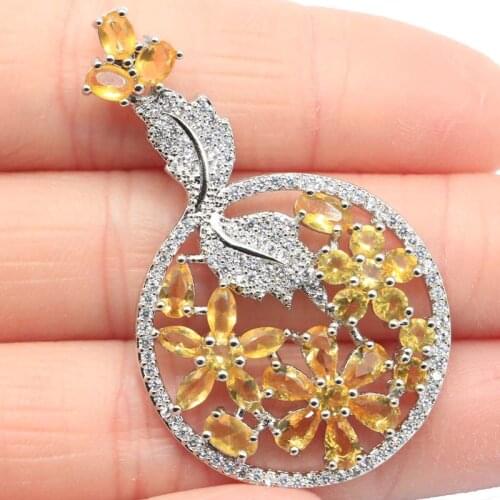 46x27mm Anniversary Flowers Silver Pendant For Women Created Golden Citrine Cubic Zircon Dating Wedding Fine Jewelry