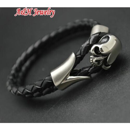 5pcs New Design Open Bangles High Quality 316L Stainless Steel Skull Head Fashion Genuine Leather Men Bracelets Christmas Gift