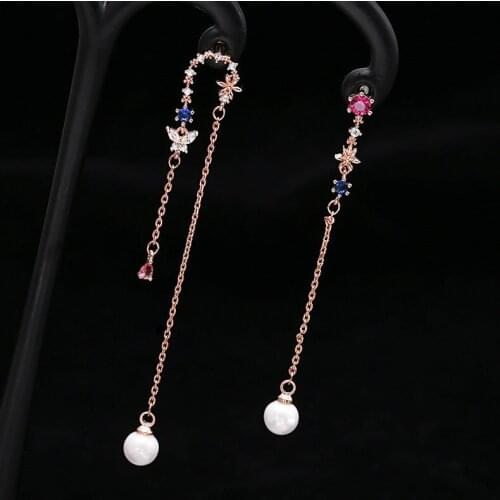 SWOUR New Fashion Jewelry S925 Silver Needle Zirconia Butterfly Flower Colorful Crystal Mismatched Long Dangle Earrings S679