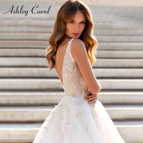 Ashley Carol A-Line Wedding Dresses 2021 Vestido De Noiva Beach Bride Tulle Sexy Backless V-neck Sleeveless Boho Bridal Gown