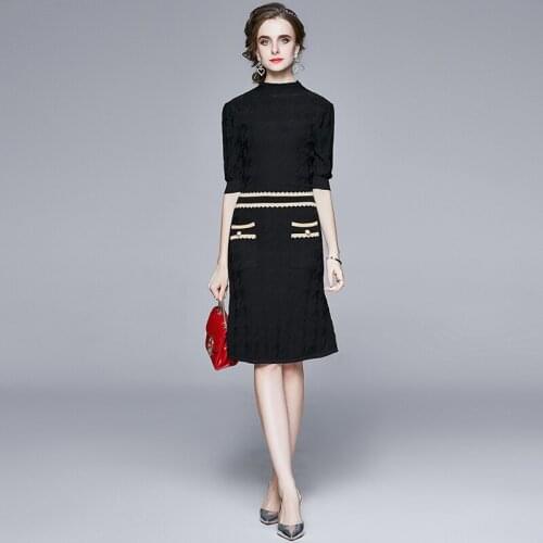 JSXDHKFashion Summer Sweater Dress Elegant Women Hit Color Striped Pearl Button UP Thin Knitted Half Sleeve Bodycon A Line Dress