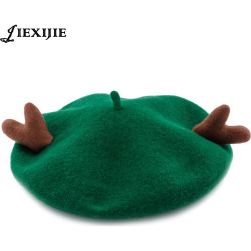 Jiexijie 2018 New Winter Warm solid Hat Wool Antler Berets Christmas Gifts Men Women Cute Caps 12 colors Bonnet ladys 12 colors