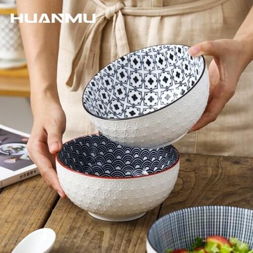 6 Inch Nordic Ceramic Tableware Underglaze Color Household Instant Noodle Soup Bowl Restaurant Creative Embossed Ramen Bowl