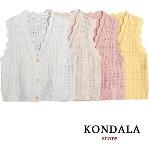 KONDALA Women Vest Sweaters Hollow Out Vintage Za Sweaters Female Button Cardigans Ruffles V Neck 2021 Fashion Mujer Tops