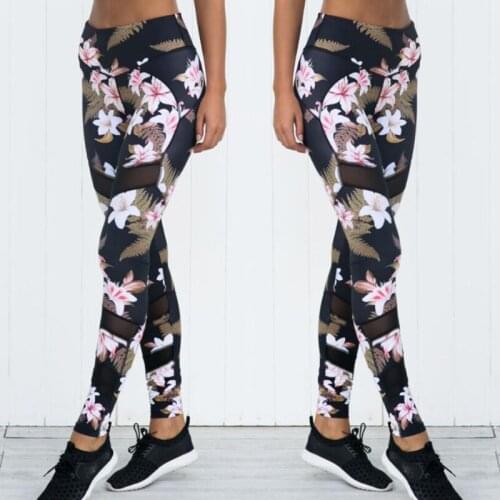 2021 New Fashion Fashion High Waist Yoga Pants Digital Printing Mesh Peach Blossom Lily Leggings