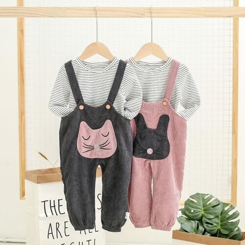 Fashion Cute Infant Baby Girl Clothes Striped T Shirt + Corduroy Overall Pants 2pcs Outfit Cotton Cartoon Cat Baby Tracksuit Set