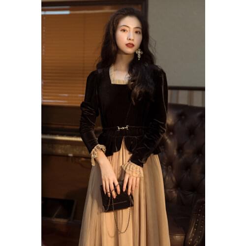 2020 new fashion womens clothing Square Collar Patchwork Vintage Full dress dresses women