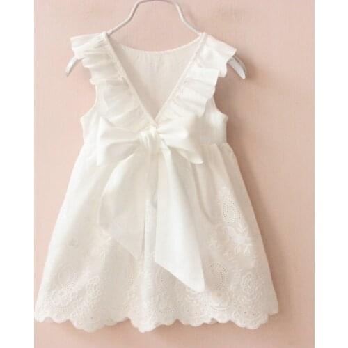 Solid White Lace backless Cute Summer Dress for Girl Bowknot Dress Cotton Pleated Vest Baby Princess Skirt European Korean