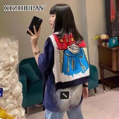 XIZIHUPAN Casual Colorblock Knitting Womens Coat Round Neck Sleeveless Lace Up Straight Coats For Women 2021 Autumn Fashion New