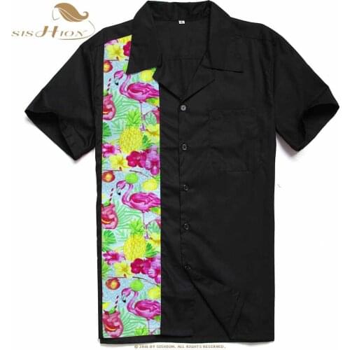 SISHION 50s Inspired Button Up Bowling Shirt ST110 Black Short Sleeve Flamingo Pineapple Floral Print Retro Men Shirt camisas