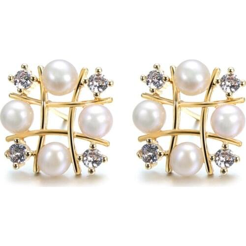 Pearl Earrings White 5mm Freshwater Pearl Inlaid Zircon Square Stud Earrings For Women Party Trendy Earrings Fine Jewelry Gift