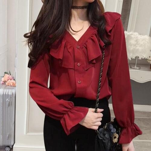 Chiffon Blouses Women 2021 Spring Fashion Long Sleeve V-Neck Ruffle Elegant Solid Office Lady Casual Shirts Tops Plus Size A106