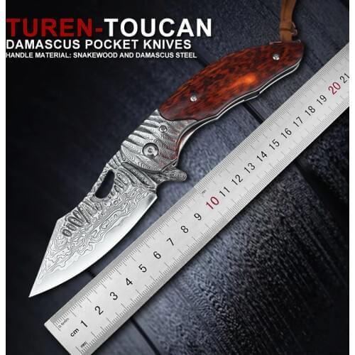VG10 Damascus Steel Folding Pocket Knife Snakewood Handle Flipper Small Knife with Sheath Outdoor Camping EDC Tool for Men