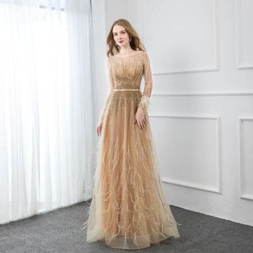 YQLNNE Elegant Gold Feathers Full Sleeve Evening Dress O Neck Long Crystals Beaded Formal Evening Gown Women Dresses