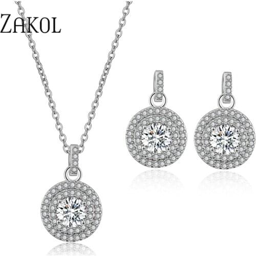 ZAKOL High Quality Cubic Zirconia Round Stud Earrings Pendant Necklace Set Bridal Jewelry for Women Anniversary Gift FSSP3030