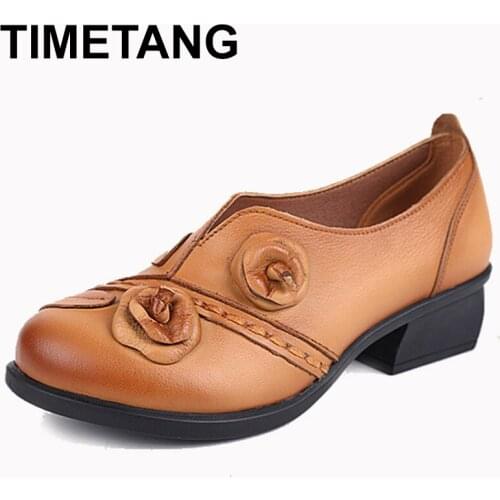 TIMETANG 2018 Handmade Shoes Women Chunky Heels Pumps Round Toe High Heels Genuine Leather Sandals