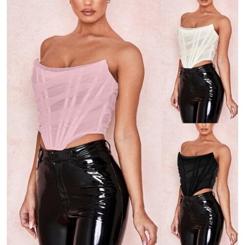Women Sexy Strapless Mesh Bustier Corset Crop Top Zip Up Backless Boned Clubwear