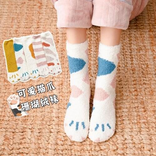 16 kawaii coral velvet cat socks women cute sweet Colorful happy funny plus velvet thickening Socks With Paws On The Foot Gifts