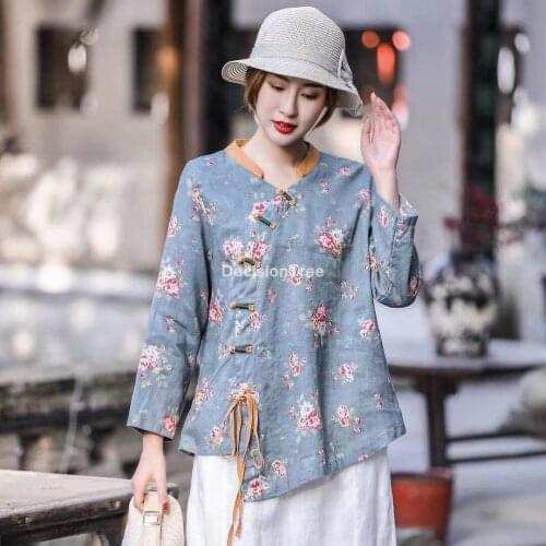 2021 woman traditional chinese qipao top cotton linen half sleeve bow hanfu tops chinese casual vintage tang suit shirt