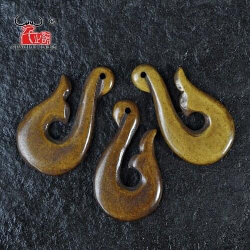 3PCS Handmade Carved Yak Bone FISHHOOK Pendant Hawaii sport of surfing Style Brown Antique Beads DIY Jewelry Accessory 40mmX21mm