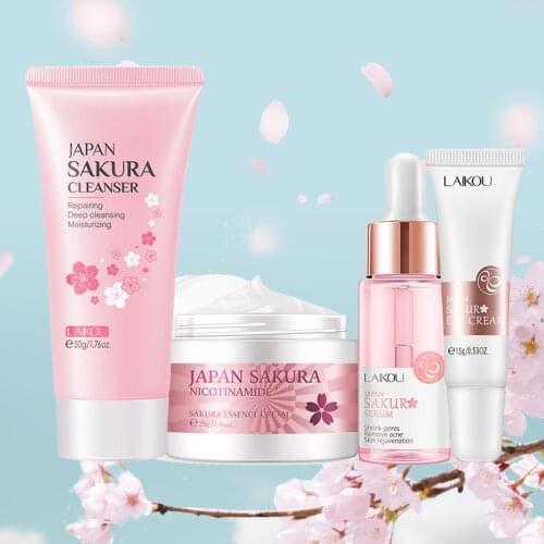 4Pcs Face Skin Care Set Cherry Blossom Essence Moisturizing Collagen Eye Cream & Face Serum & Facial Cleanser Beauty Makeup Set