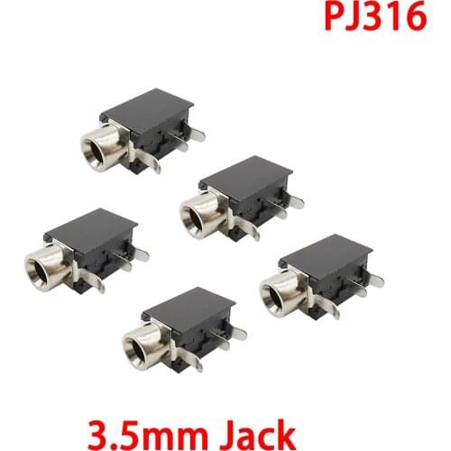 5Pcs/Lot Black DIP-3 PJ316 PCB Mount PJ-316 3.5mm Female Jack 3 Pin Socket Headphone Jack Audio Video Terminals Connector
