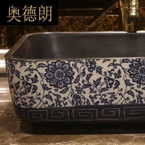 Qinghua porcelain art stage basin rectangular ceramic washbasin retro basin table washbasin