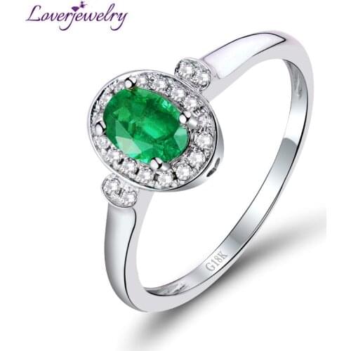 LOVERJEWELRY 2019 Emerald Rings For Women Solid 18Kt White Gold Oval 4x6mm Green Emerald Gemstone Eternity Ring Fine Jewelry