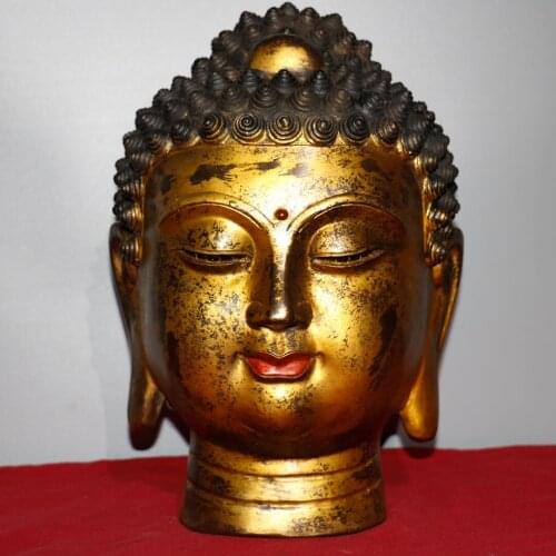 15"Chinese temple collection Old Bronze Cinnabar Lacquer Shakyamuni Buddha Head Enshrine the Buddha Ornaments Town House