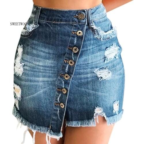 Summer Plus Size Shorts Womens Denim Mini Skirt Womens Blue Casual Mini Denim Distressed Bodycon Short Jean Skirt