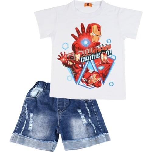 Disney Boys Outfits Avengers IronMan Superhero Summer Cotton Kids T-shirt&Denim Shorts Clothing Set Children Suit Clothes 3 8 Y