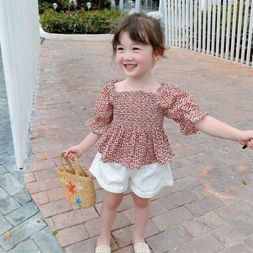 2020 Summer Clothing Short Sleeve Printed Shirts Casual Tops and Tees Square Collar Casual T-Shirt Pleated Shirts for Girl