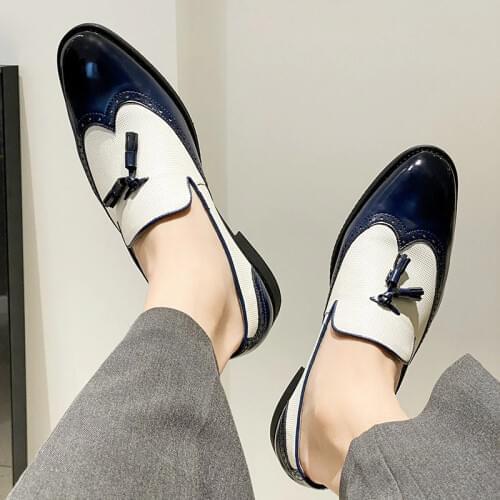 Yomior Spring Summer Fashion Men Shoes Casual Formal Dress Loafers Vintage Tassel Slip-On White Blue Business Wedding Oxfords