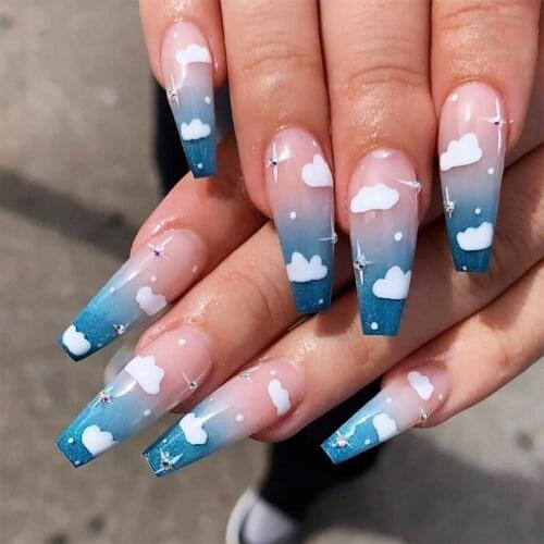 Q1FB 24pcs/Set Detachable Fashion False Nails Extra Long Blue Clouds Gradient Long Ballet Full Cover Fake Nail Art Tips